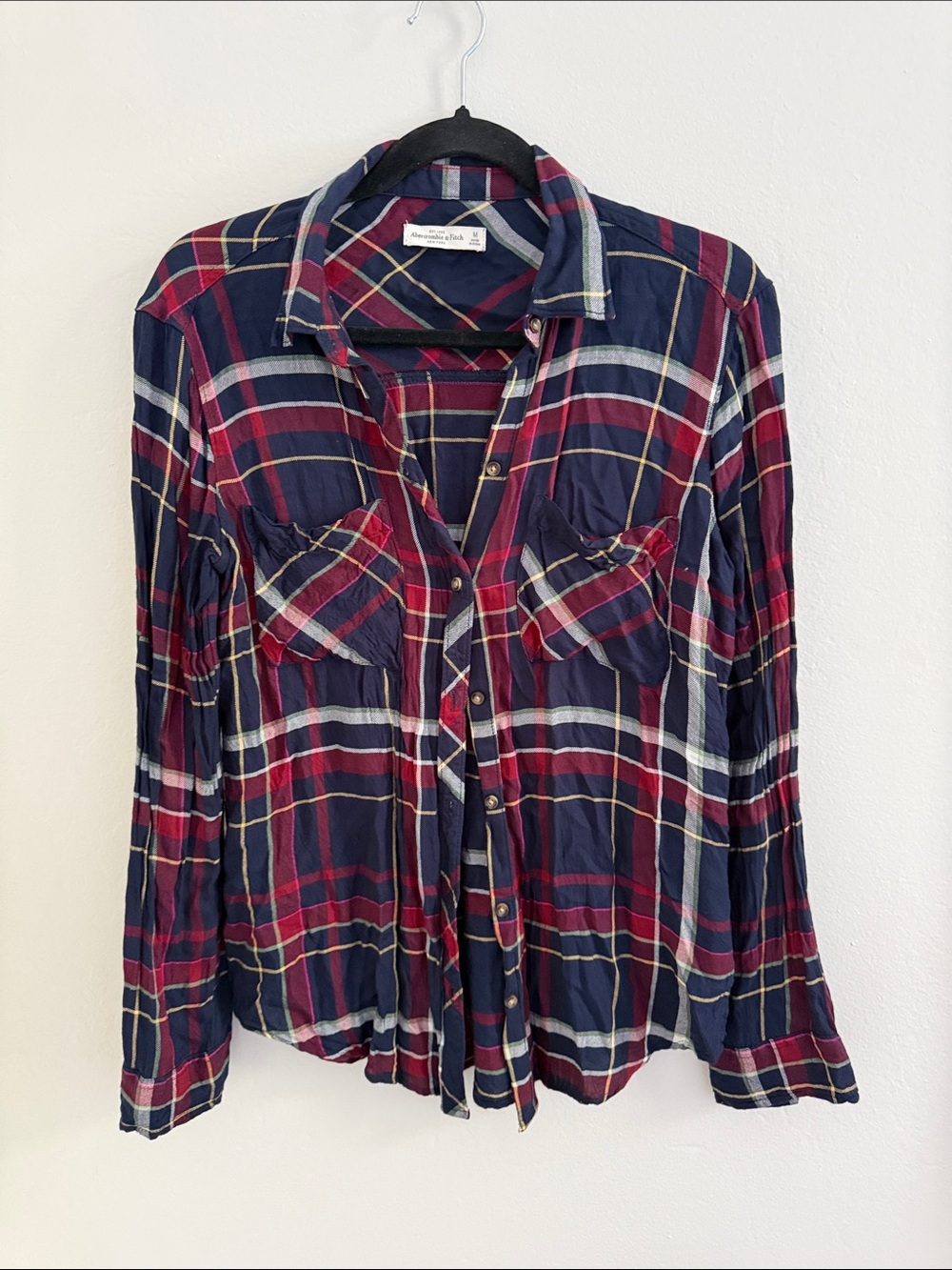 Abercrombie & Fitch Navy Plaid Button-Up with Red & Yellow Accents